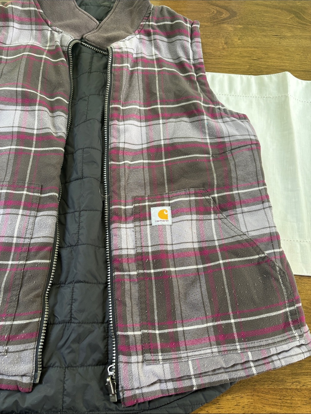 Vintage Carhartt Amoret  Reversible Flannel Puff Vest L Y2K Black Pink Gorpcore - Picture 6 of 9
